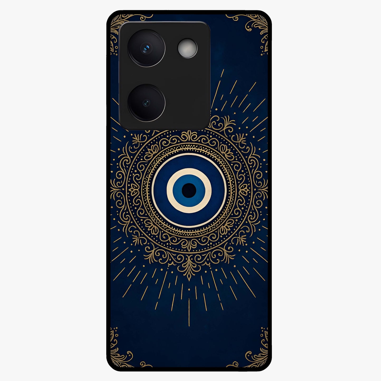 Golden Evil Eye Mandala Glass Case showing flat back view with intricate evil eye mandala artwork and glossy glass finish.