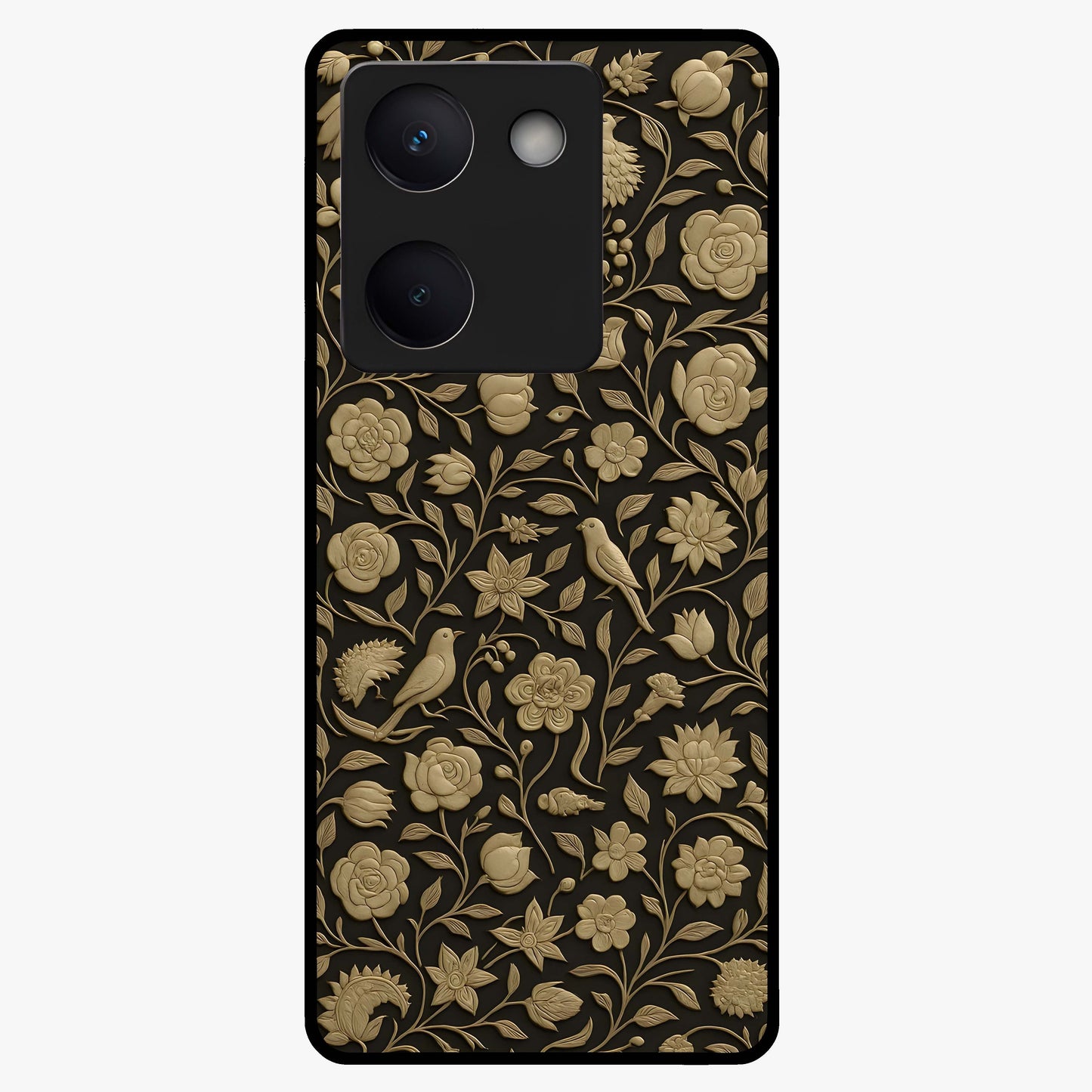 Golden Floral Majesty Glass Case showing flat back view with luxurious golden floral artwork and glossy glass finish.