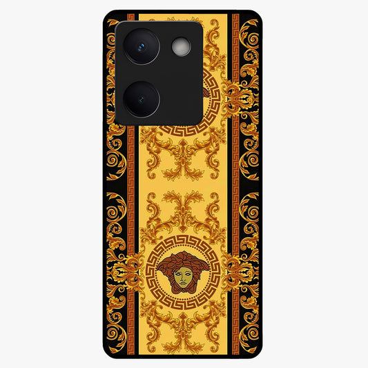 Golden Royal Heritage Glass Case showing flat back view with ornate royal pattern artwork and glossy glass finish.
