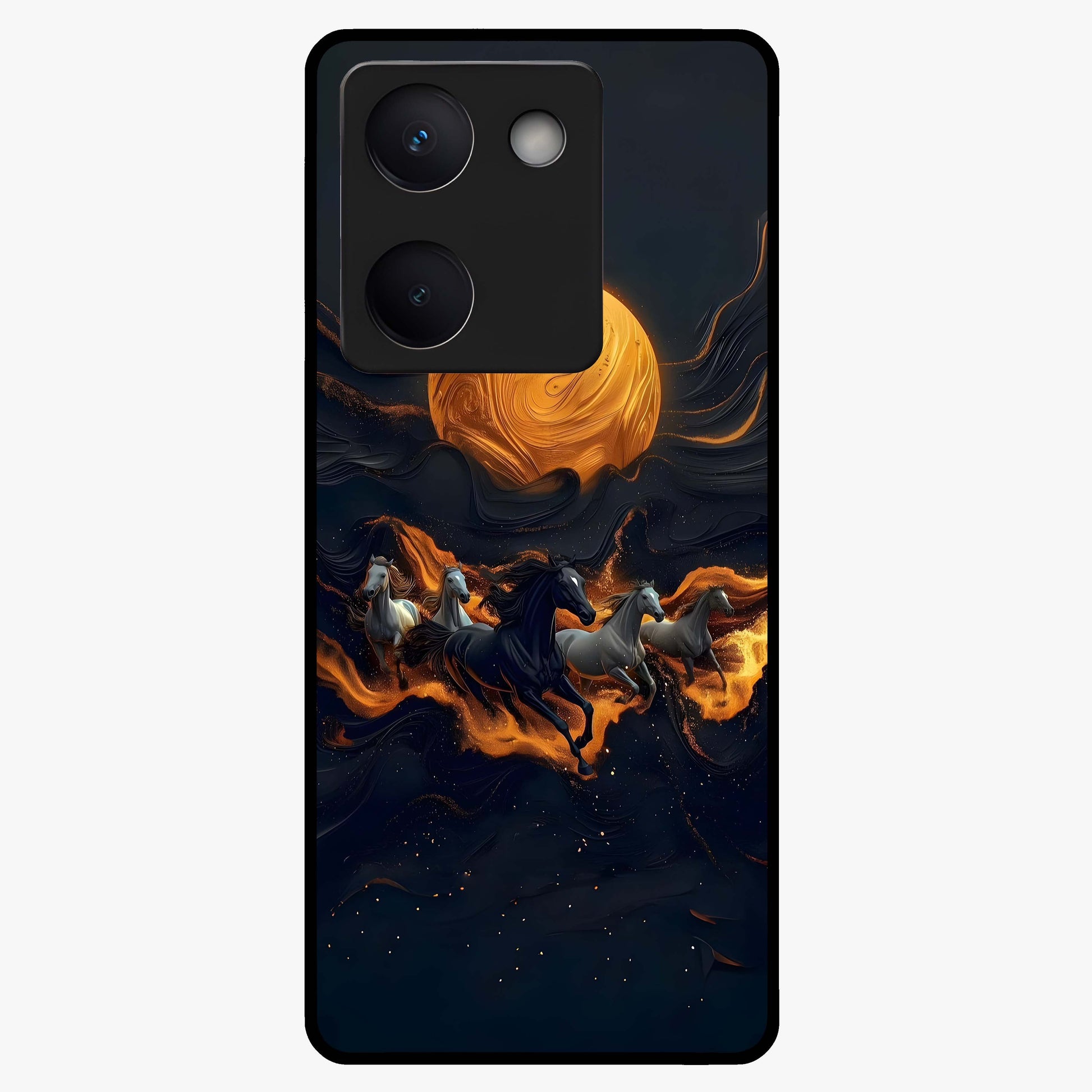 Golden Stallion Moonride Glass Case showing flat back view with majestic horse under moonlight artwork and glossy glass finish.
