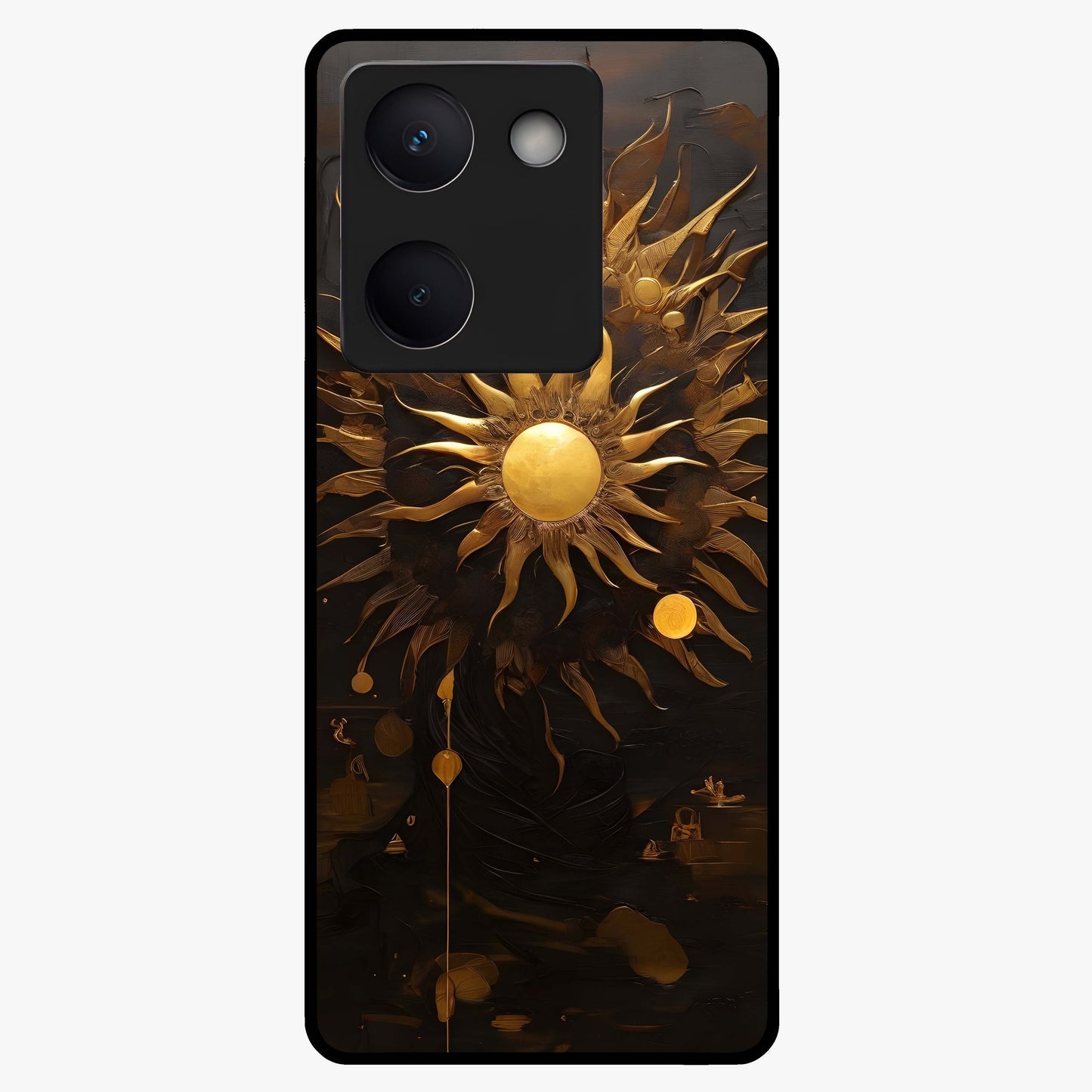 Golden Sun Majesty Glass Case showing flat back view with radiant golden sun artwork and glossy glass finish.