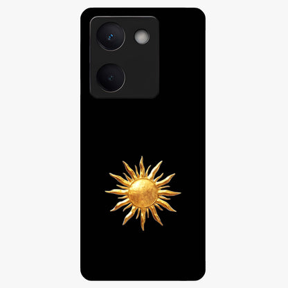Golden Sun Minimalism Glass Case showing flat back view with minimal golden sun artwork and glossy glass finish.