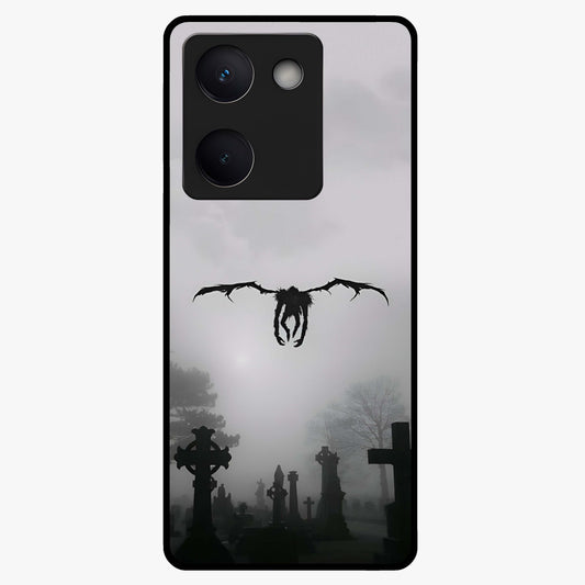 Graveyard Shadow Descent Glass Case showing flat back view with dark graveyard themed artwork and glossy glass finish.