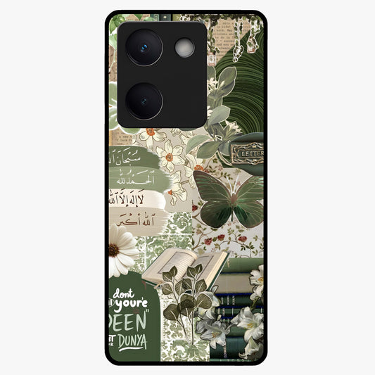 Green Islamic Books Quotes Glass Case showing flat back view with Islamic quotes and book themed artwork and glossy glass finish.
