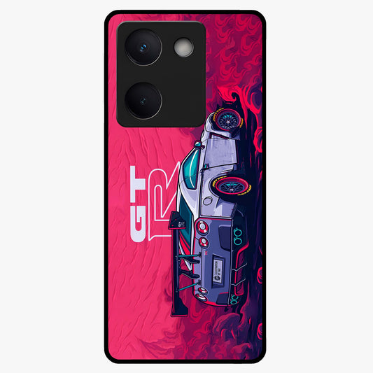 GT-R Car Pattern Glass Case showing flat back view with sporty car inspired pattern artwork and glossy glass finish.
