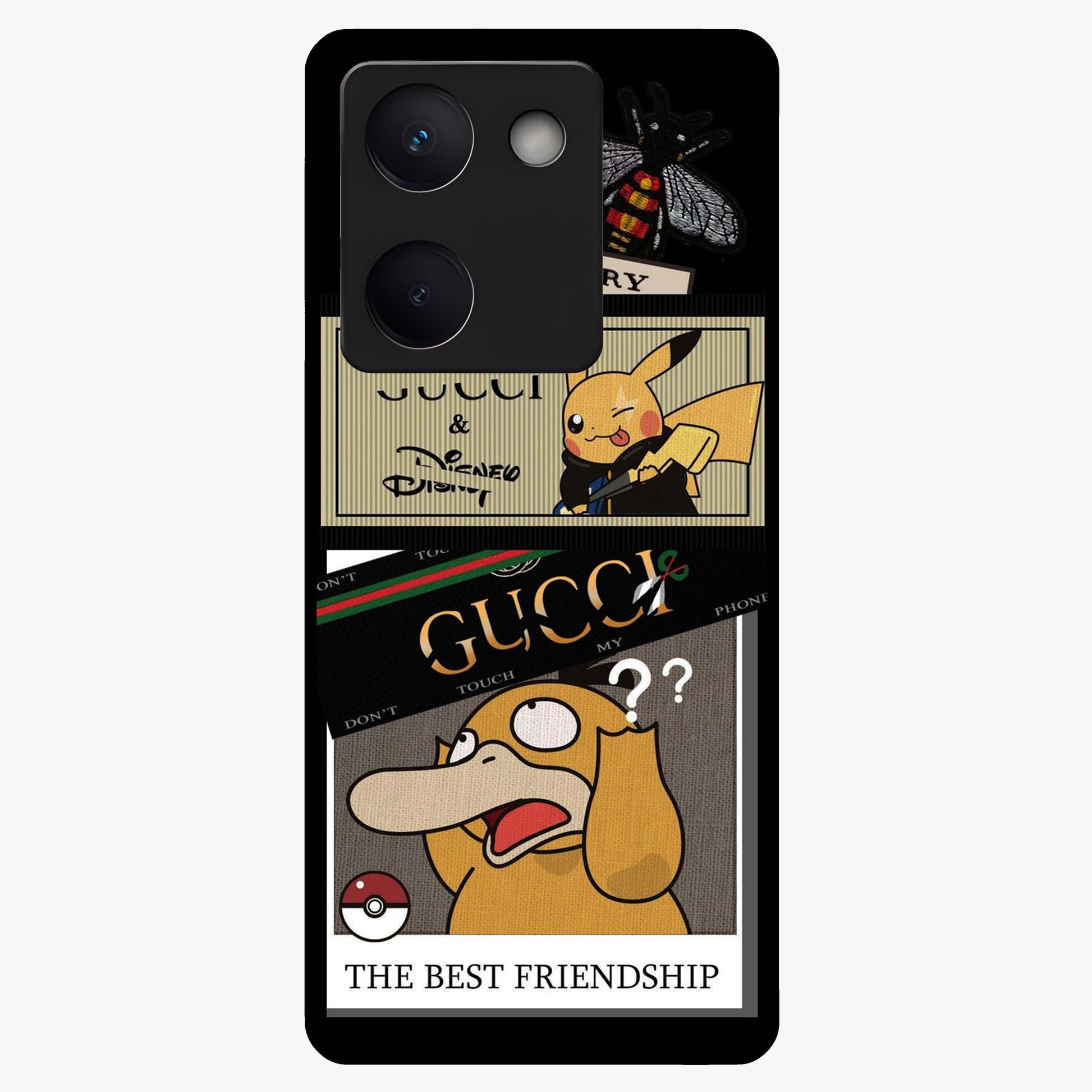 Gucci Play Mashup Glass Case showing flat back view with luxury inspired graphic artwork and glossy glass finish.