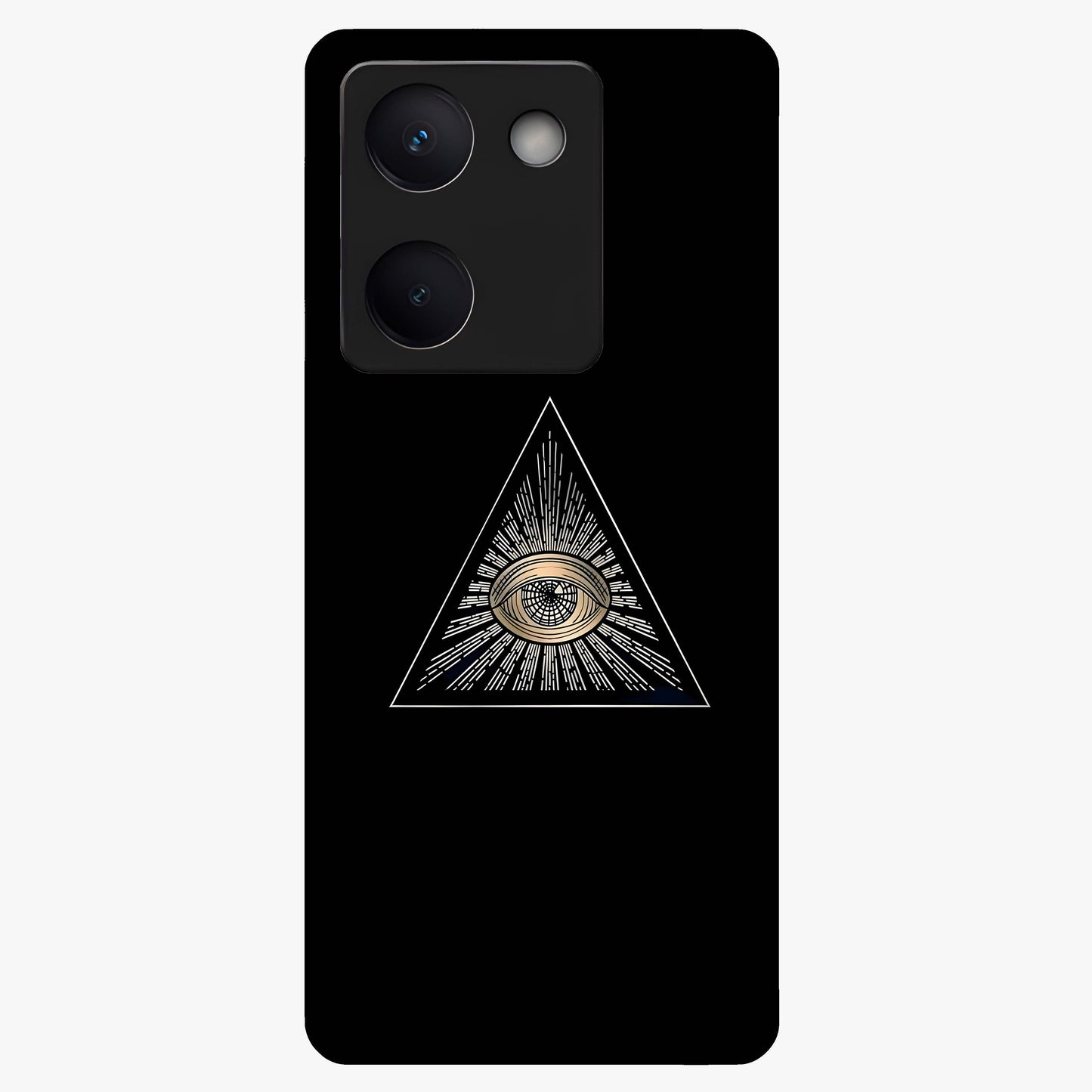 Illuminati Evil Glass Case showing flat back view with mysterious illuminati symbol artwork and glossy glass finish.