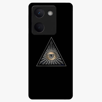Illuminati Evil Glass Case showing flat back view with mysterious illuminati symbol artwork and glossy glass finish.