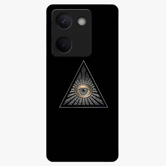 Illuminati Evil Glass Case showing flat back view with mysterious illuminati symbol artwork and glossy glass finish.