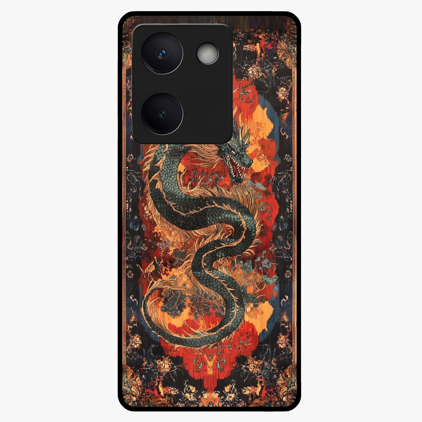 Inferno Dragon Soul Glass Case showing flat back view with fiery dragon artwork and glossy glass finish.
