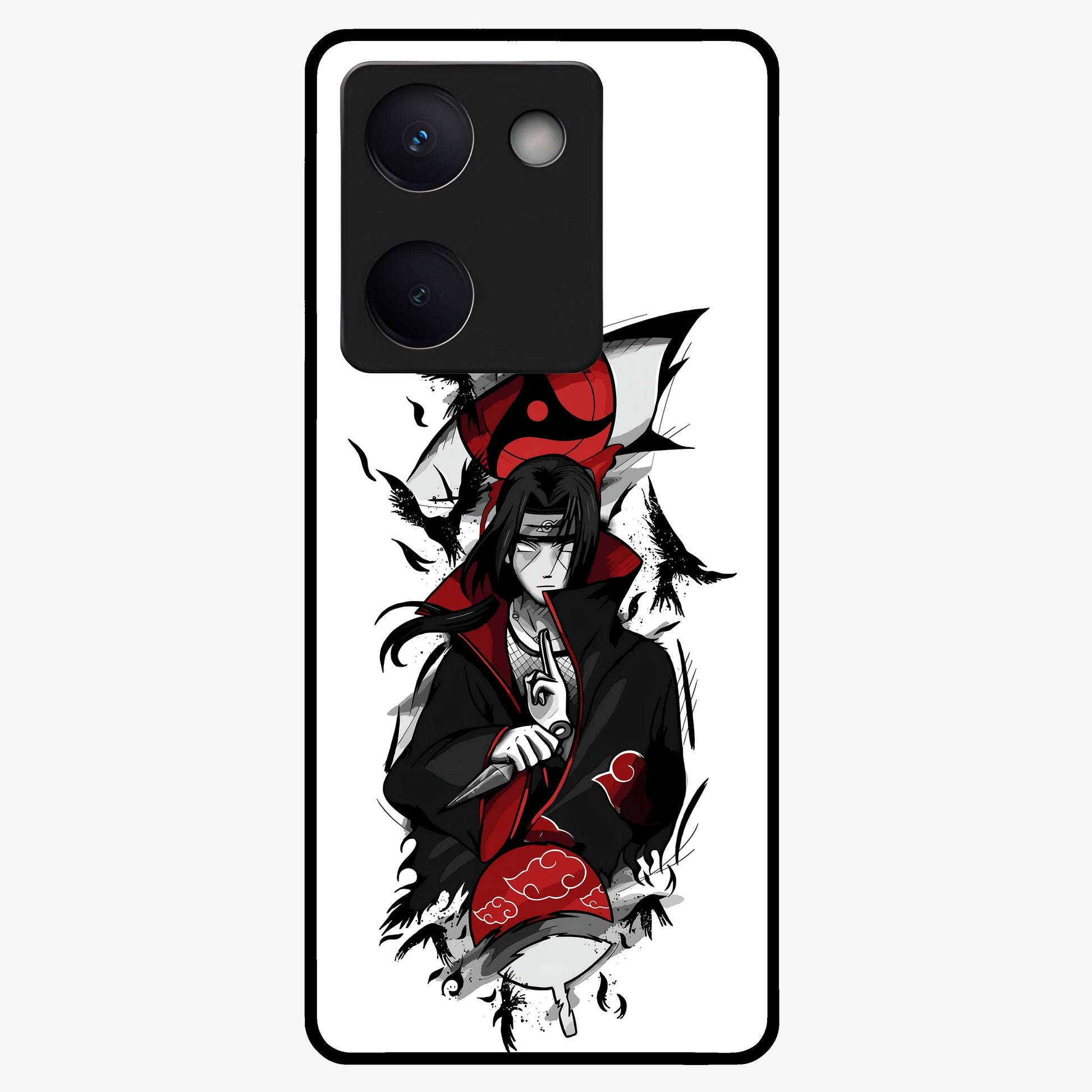 Itachi Sharingan Glass Case showing flat back view with powerful anime eye artwork and glossy glass finish.