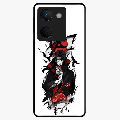 Itachi Sharingan Glass Case showing flat back view with powerful anime eye artwork and glossy glass finish.