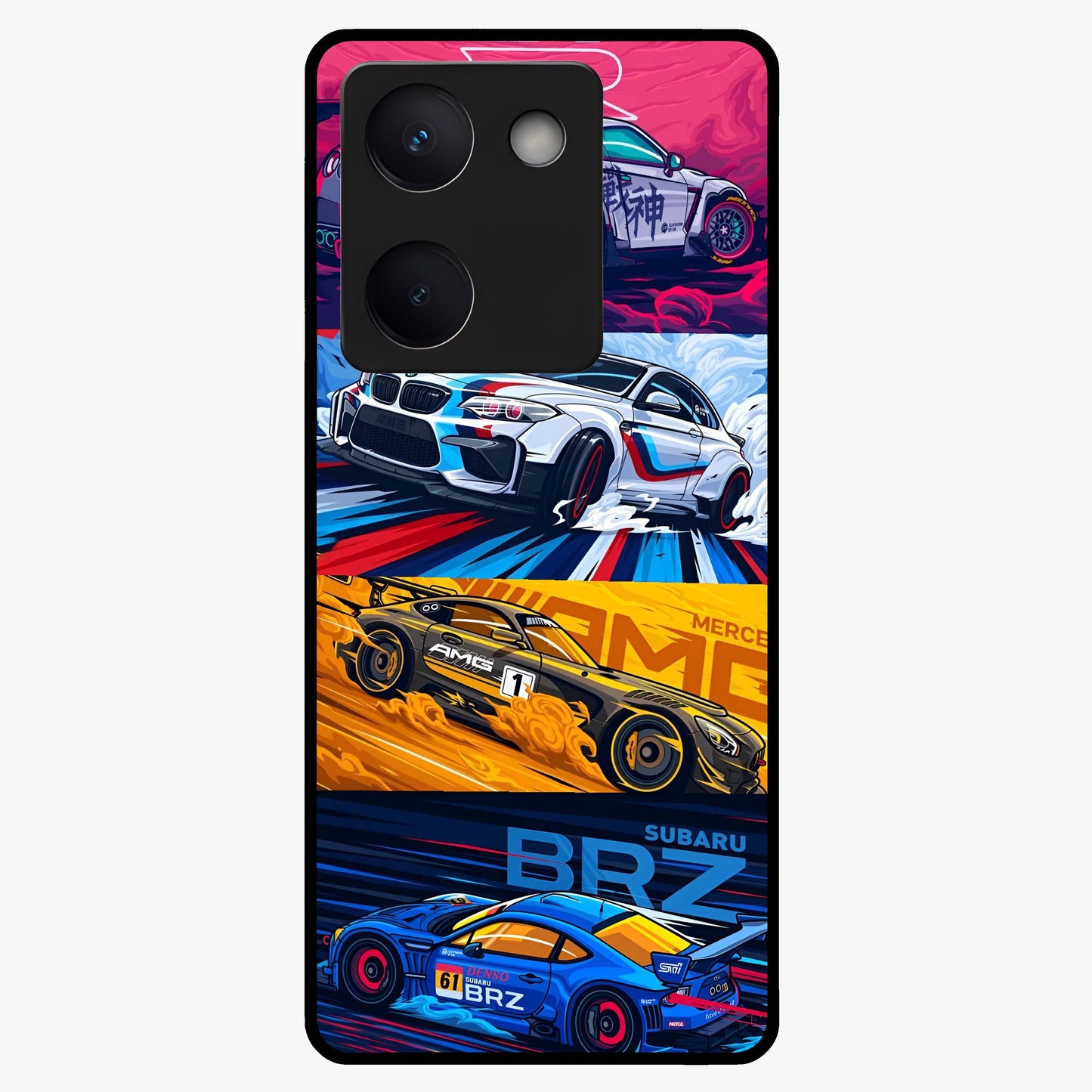 JDM Sports Car Glass Case showing flat back view with high performance sports car artwork and glossy glass finish.