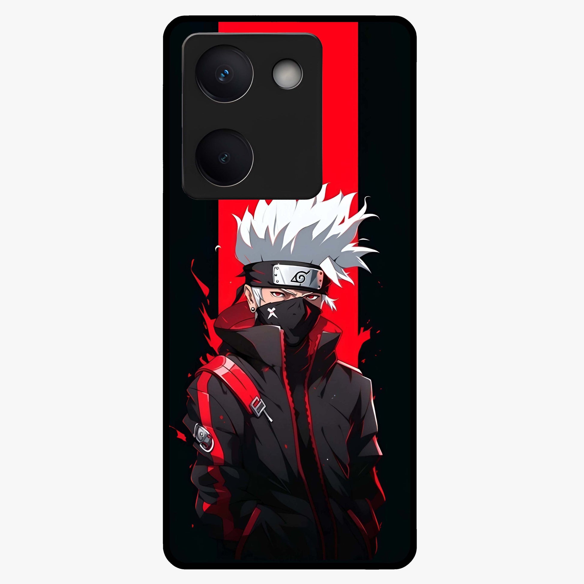 Kakashi Scarlet Shadow Glass Case showing flat back view with powerful anime ninja artwork and glossy glass finish.