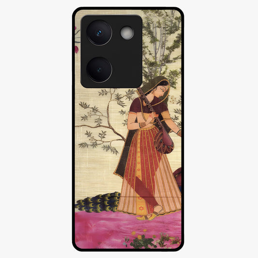 Lady With Veena Art Glass Case showing flat back view with elegant woman playing veena artwork and glossy glass finish.
