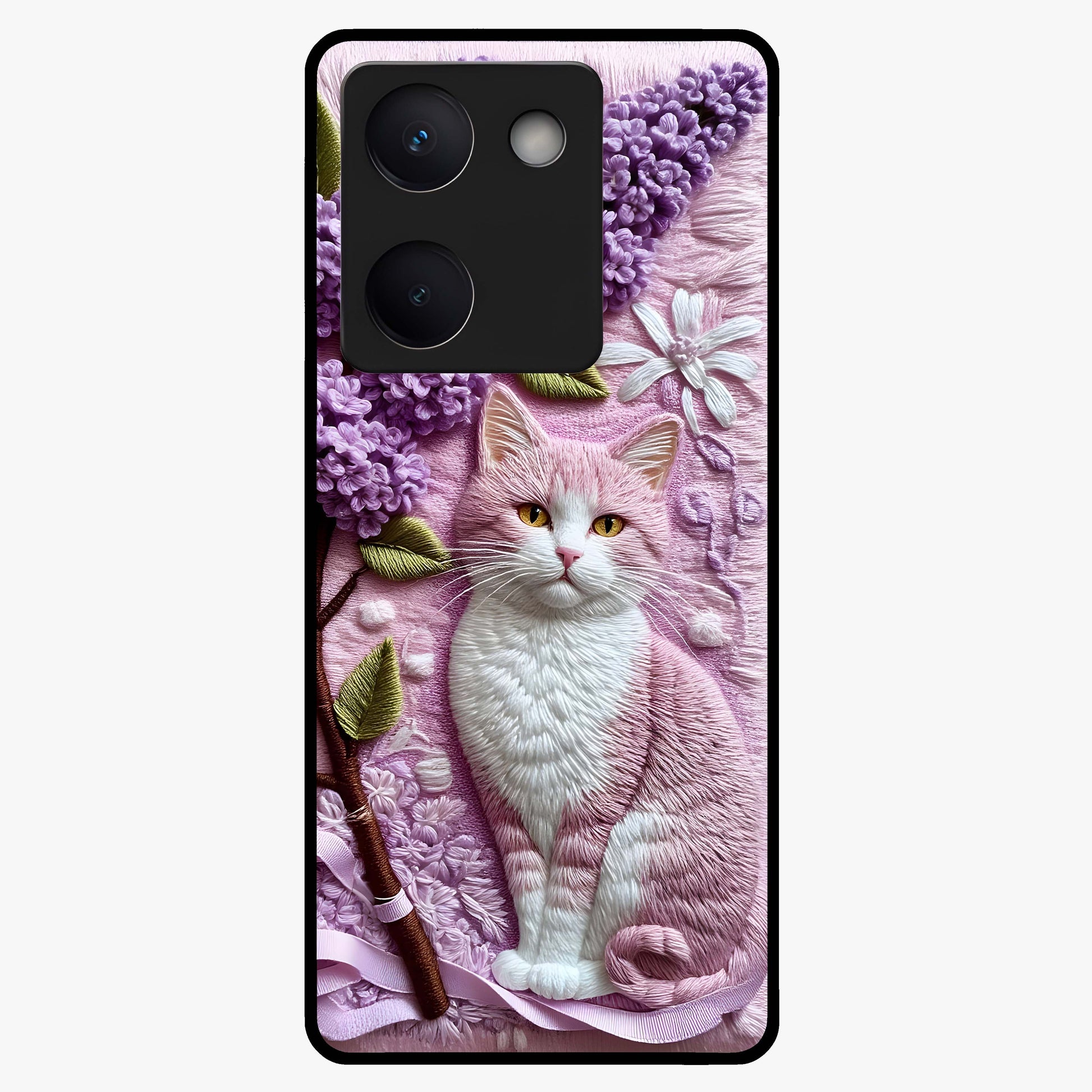 Lavender Cat Whimsy Glass Case showing flat back view with cute lavender cat artwork and glossy glass finish.