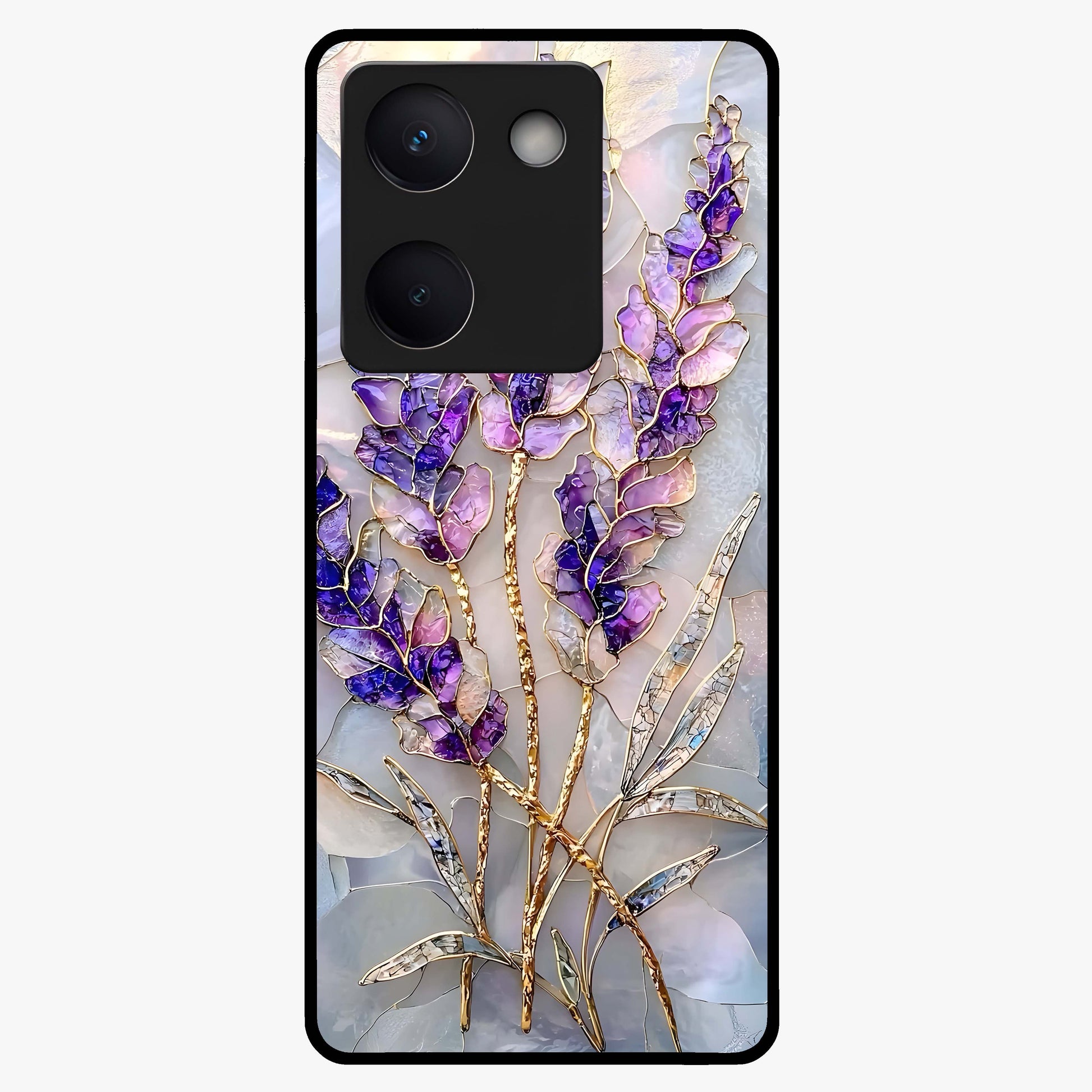 Lavender Dream Glow Glass Case showing flat back view with glowing lavender aesthetic artwork and glossy glass finish.