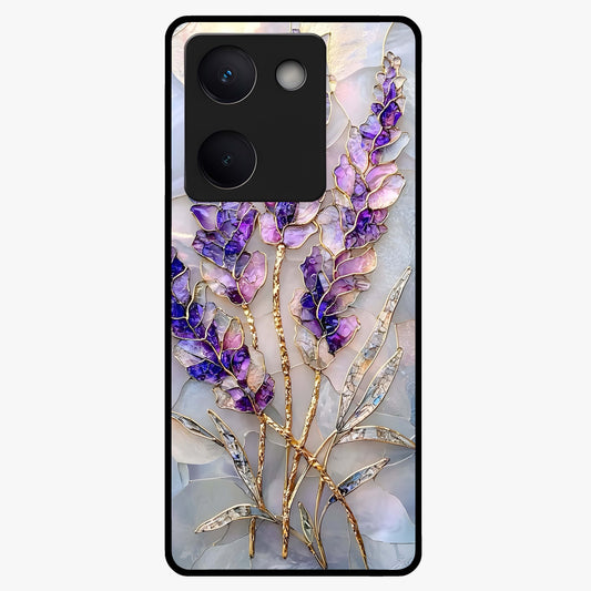 Lavender Dream Glow Glass Case showing flat back view with glowing lavender aesthetic artwork and glossy glass finish.