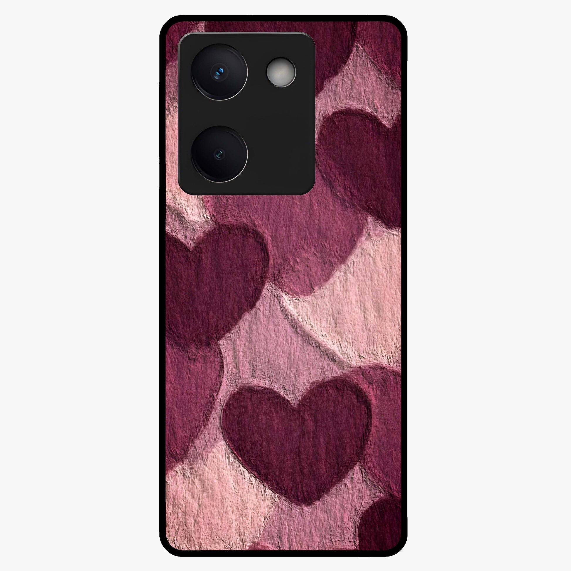 Layered Paper Hearts Glass Case showing flat back view with layered paper heart artwork and glossy glass finish.
