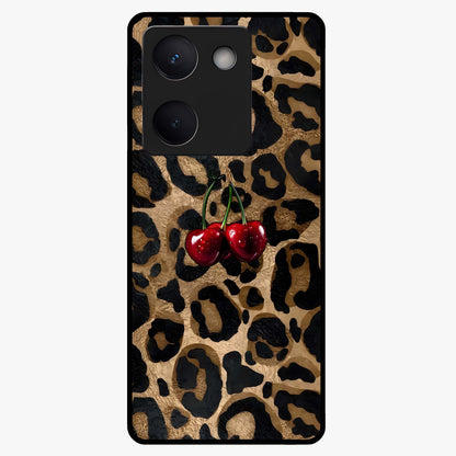 Leopard Wild Cherry Glass Case showing flat back view with leopard pattern and cherry artwork and glossy glass finish.