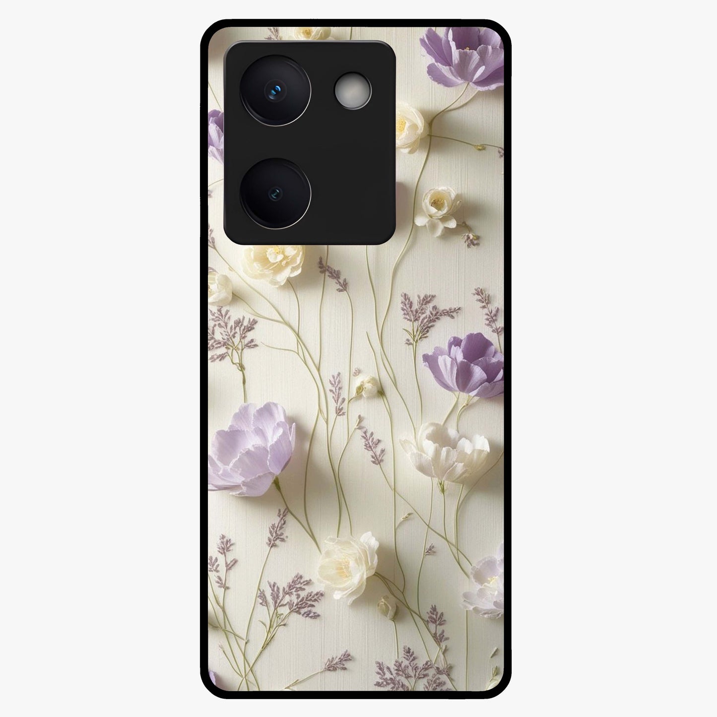 Lilac Breeze Harmony Glass Case showing flat back view with soft lilac themed artwork and glossy glass finish.