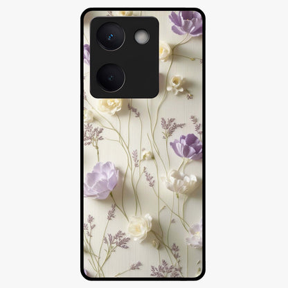 Lilac Breeze Harmony Glass Case showing flat back view with soft lilac themed artwork and glossy glass finish.