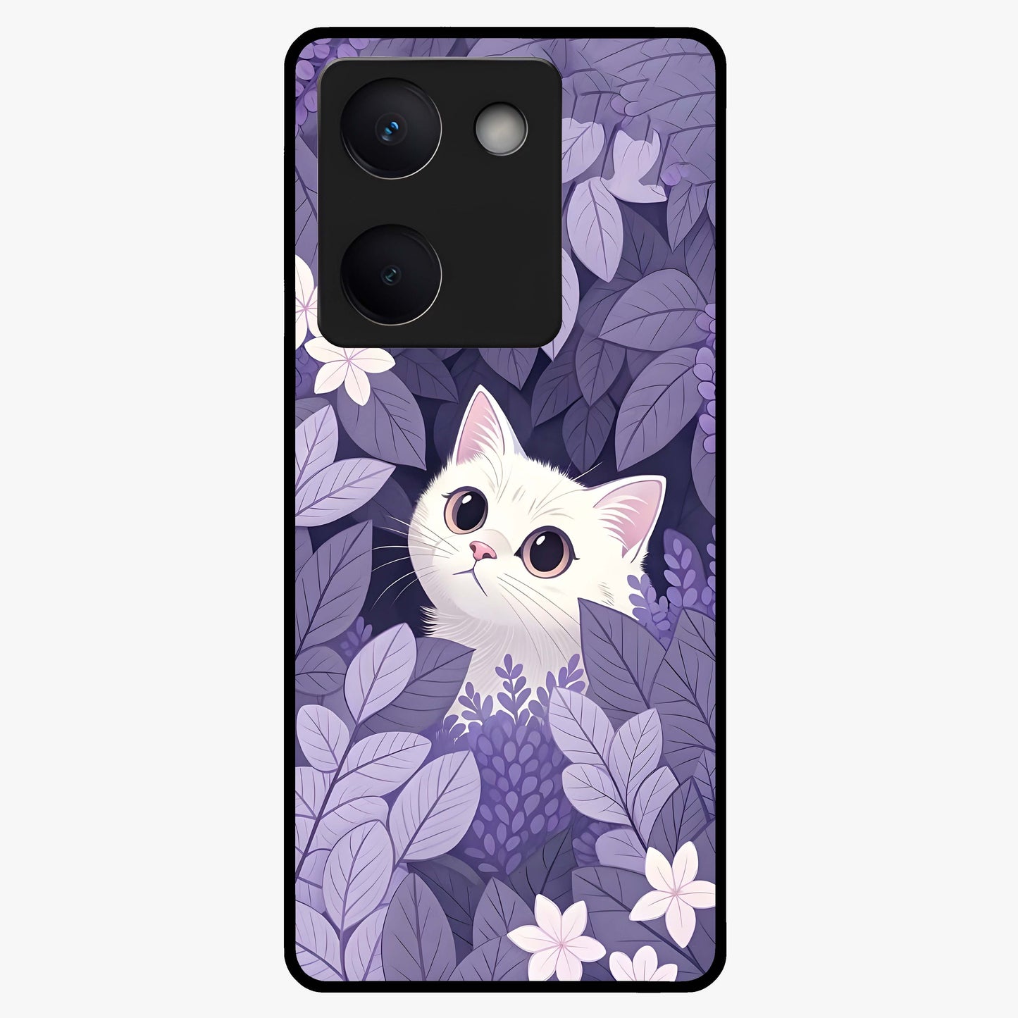 Lilac Hide Peek Cat Glass Case showing flat back view with cute peeking cat artwork and glossy glass finish.