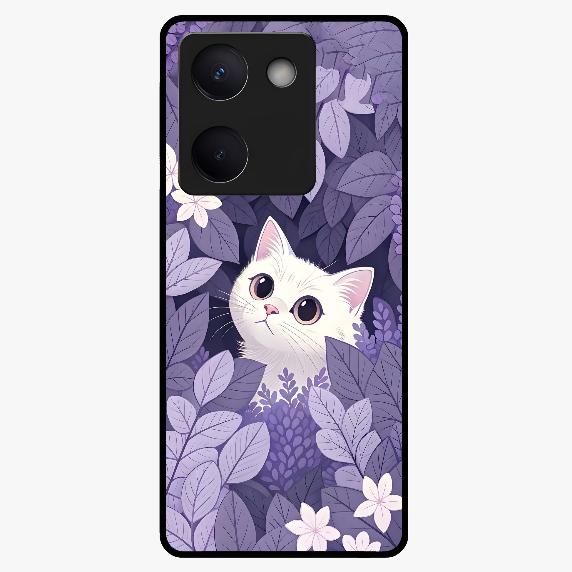 Lilac Hide Peek Cat Glass Case showing flat back view with cute peeking cat artwork and glossy glass finish.