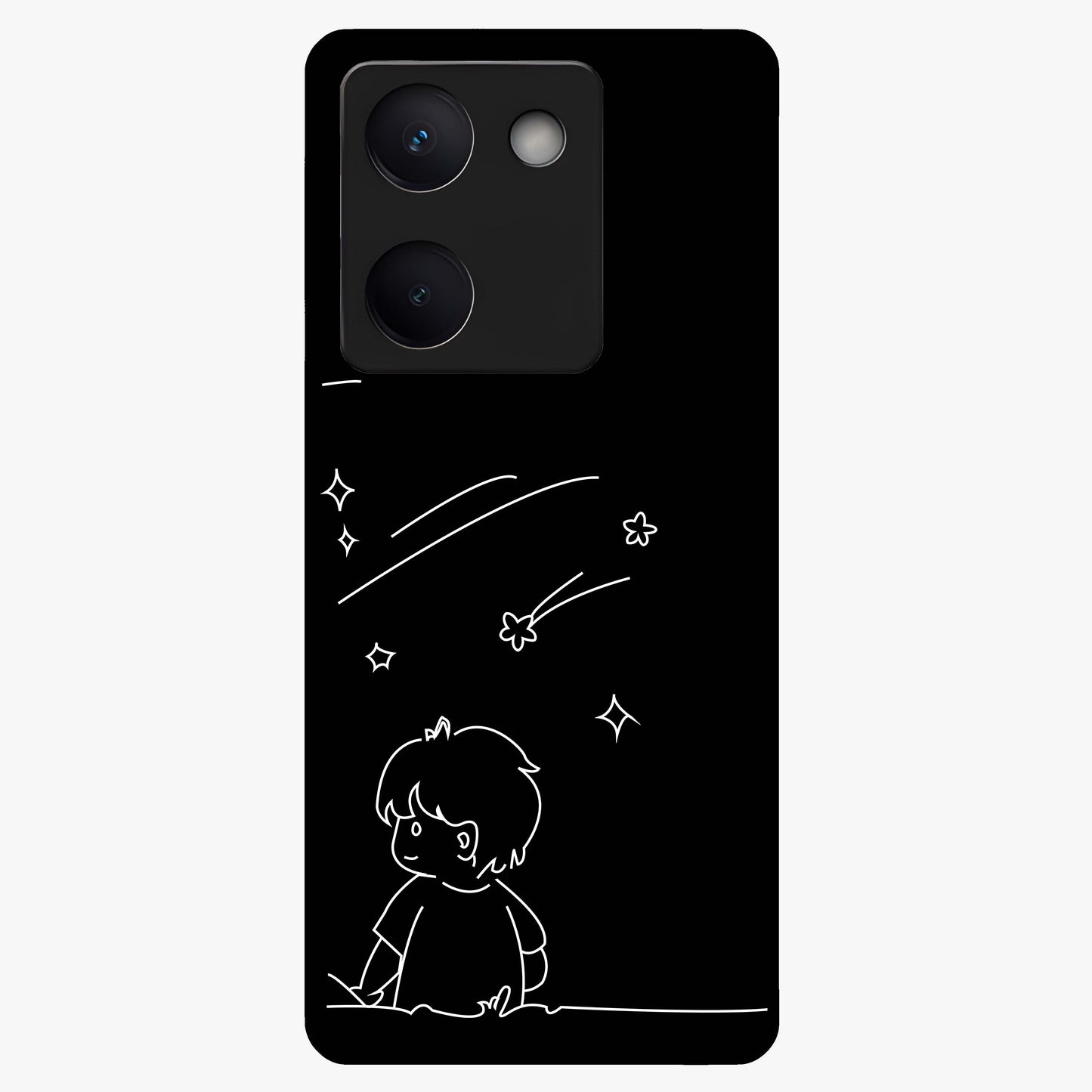 Line Art Boy With Shooting Stars Glass Case showing flat back view with minimal line art boy and shooting stars illustration and glossy glass finish.