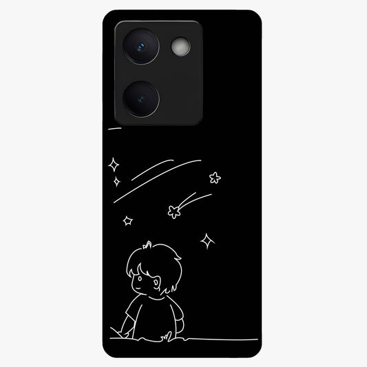 Line Art Boy With Shooting Stars Glass Case showing flat back view with minimal line art boy and shooting stars illustration and glossy glass finish.