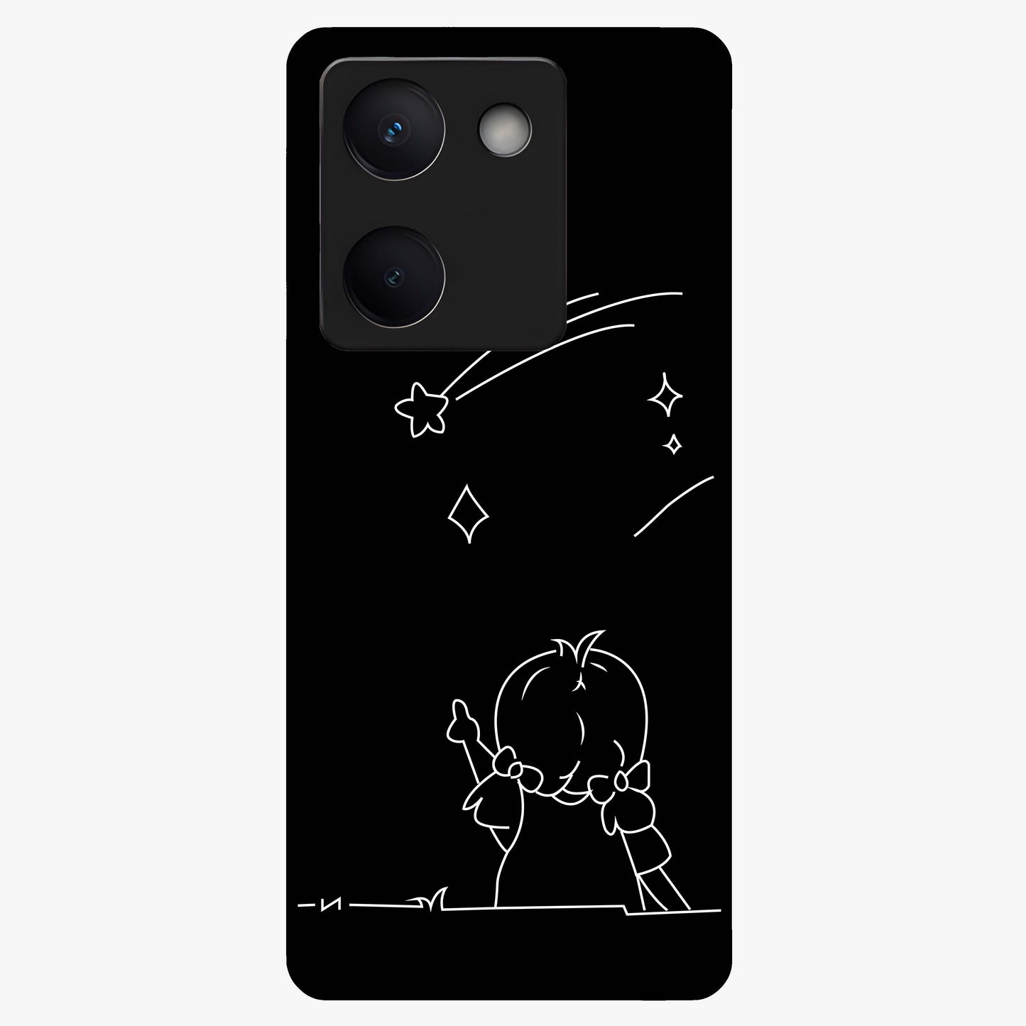 Line Art Girl With Shooting Stars Glass Case showing flat back view with minimal line art girl and shooting stars illustration and glossy glass finish.