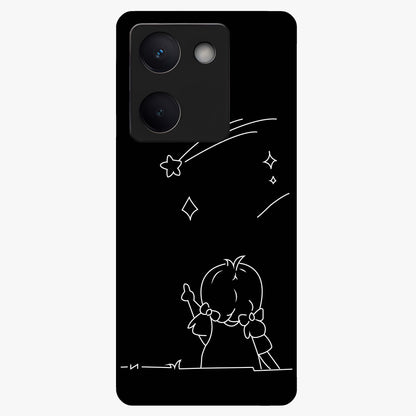 Line Art Girl With Shooting Stars Glass Case showing flat back view with minimal line art girl and shooting stars illustration and glossy glass finish.