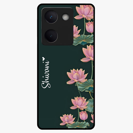 Lotus Bloom Serenity Custom Name Glass Case showing flat back view with elegant lotus flower artwork and personalized name design.
