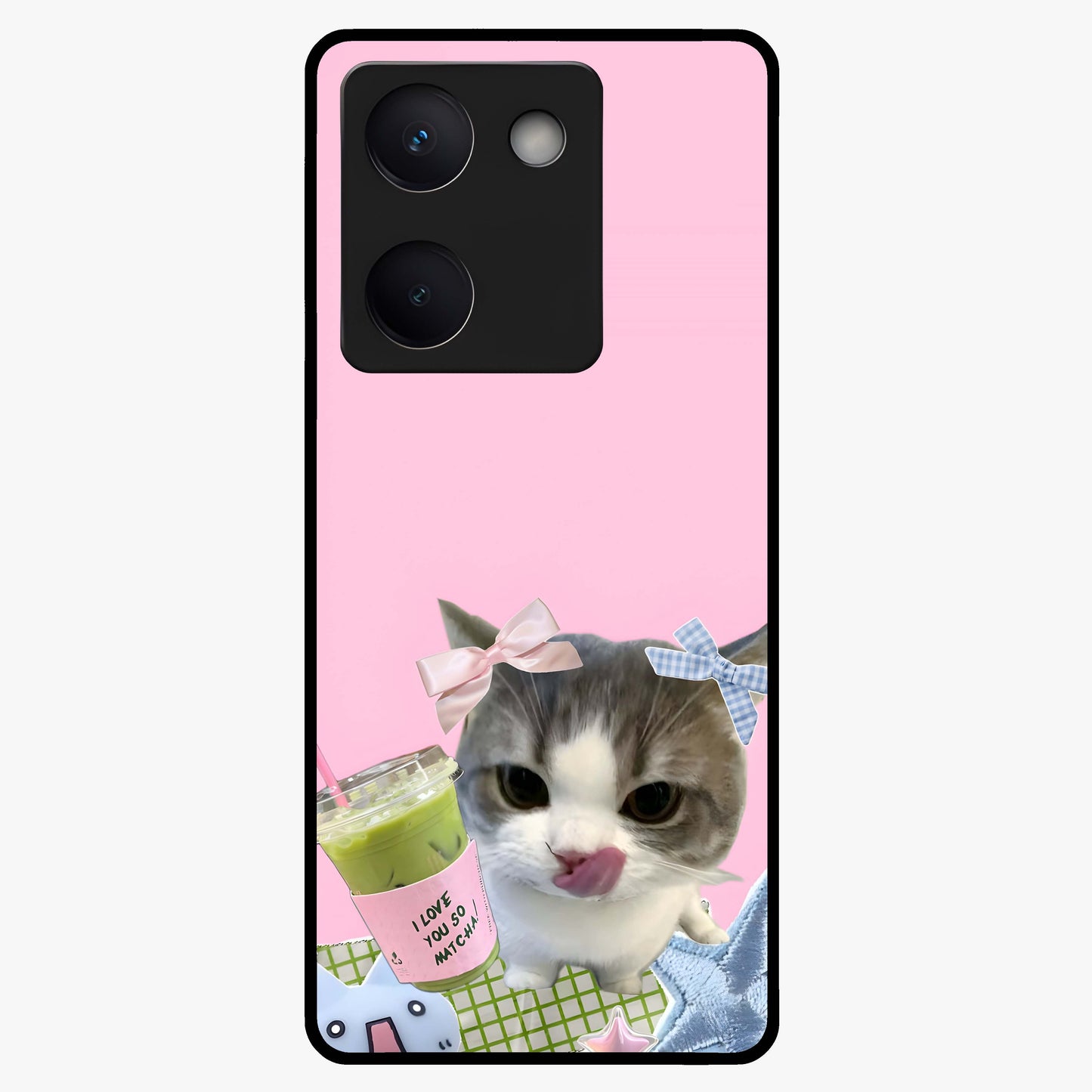 Love Matcha Cat Glass Case showing flat back view with cute cat and matcha themed artwork and glossy glass finish.