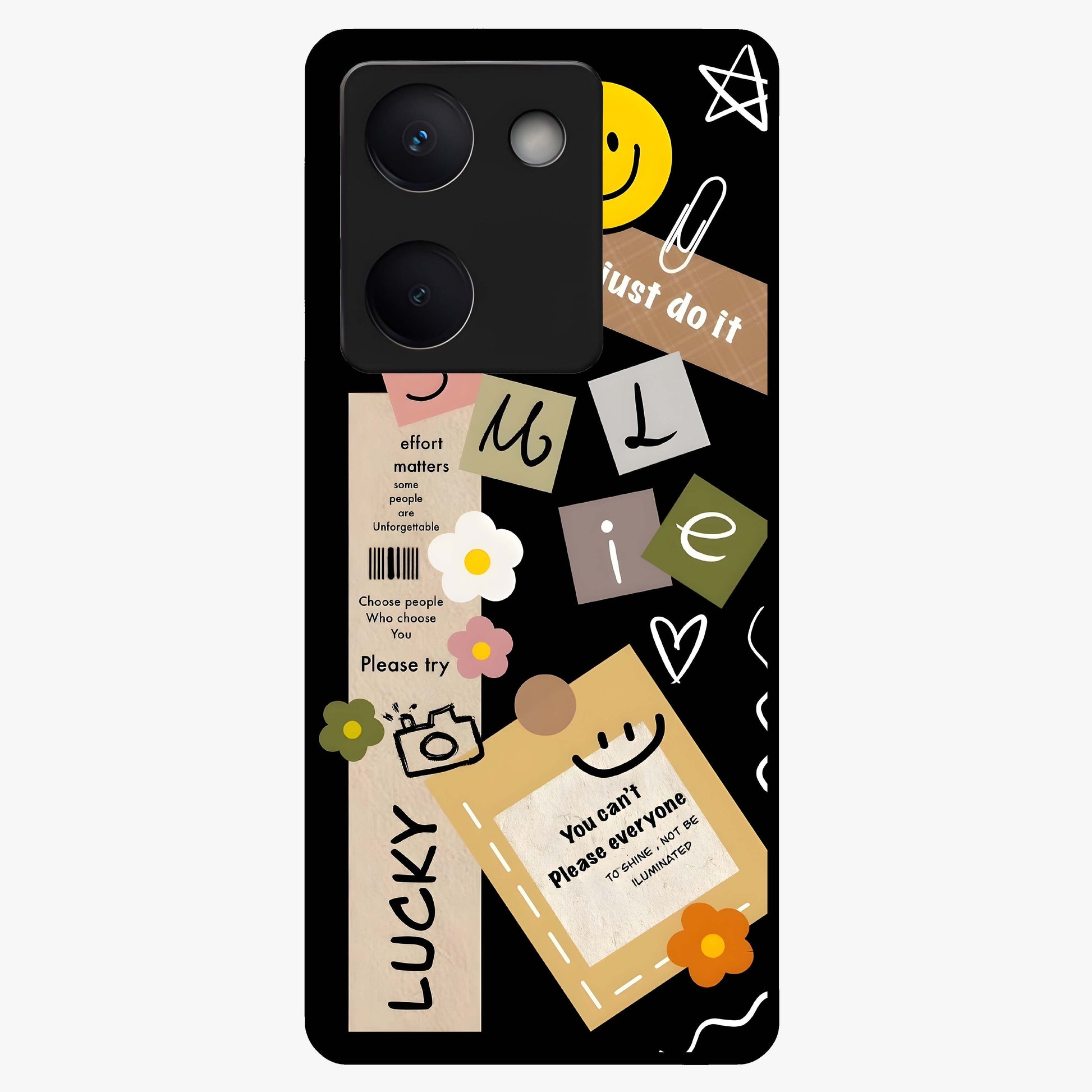 Lucky Aesthetic Collage Glass Case showing flat back view with trendy aesthetic collage artwork and glossy glass finish.
