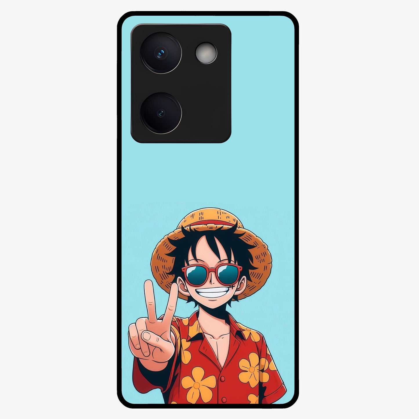 Luffy Summer Anime Vibe Glass Case showing flat back view with vibrant anime character artwork and glossy glass finish.