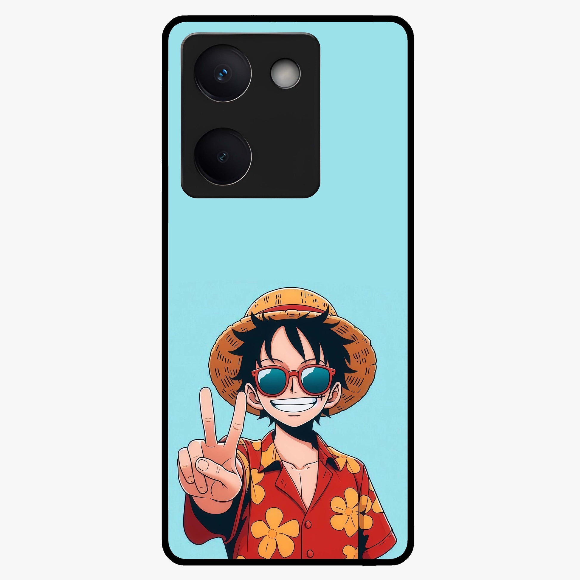 Luffy Summer Anime Vibe Glass Case showing flat back view with vibrant anime character artwork and glossy glass finish.