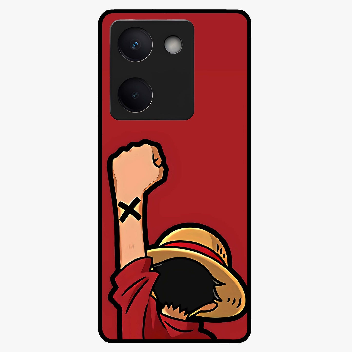 Luffy X Spirit Glass Case showing flat back view with bold anime character artwork and glossy glass finish.