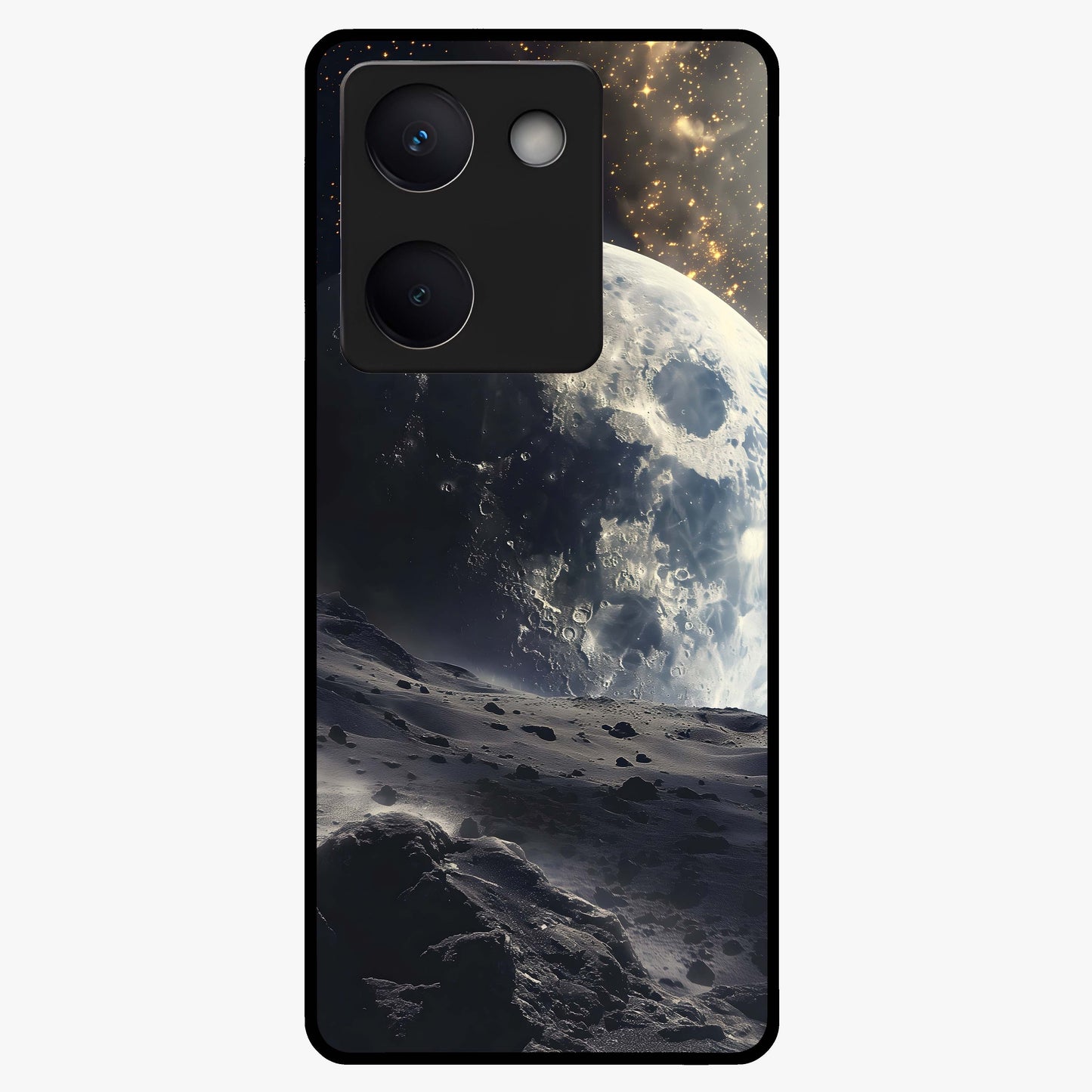 Lunar Horizon Glow Glass Case showing flat back view with glowing moon horizon artwork and glossy glass finish.