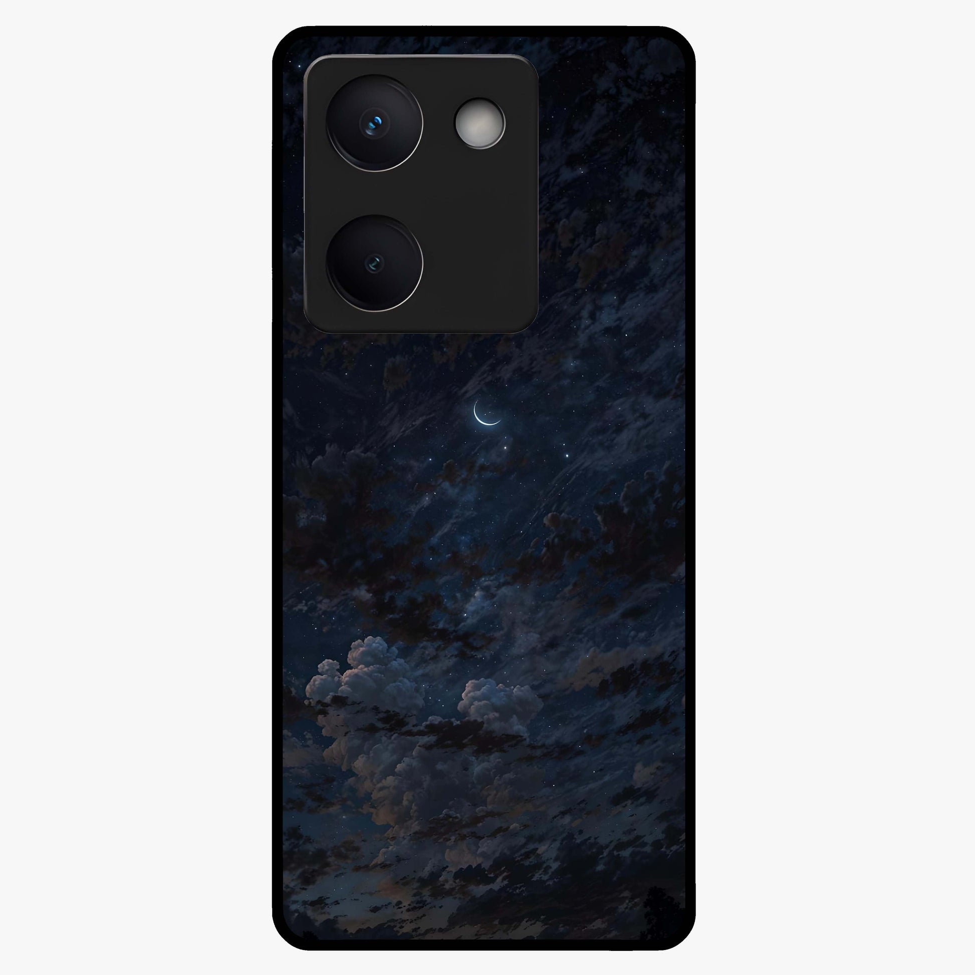 Lunar Veil Silence Glass Case showing flat back view with mystical moon veil artwork and glossy glass finish.