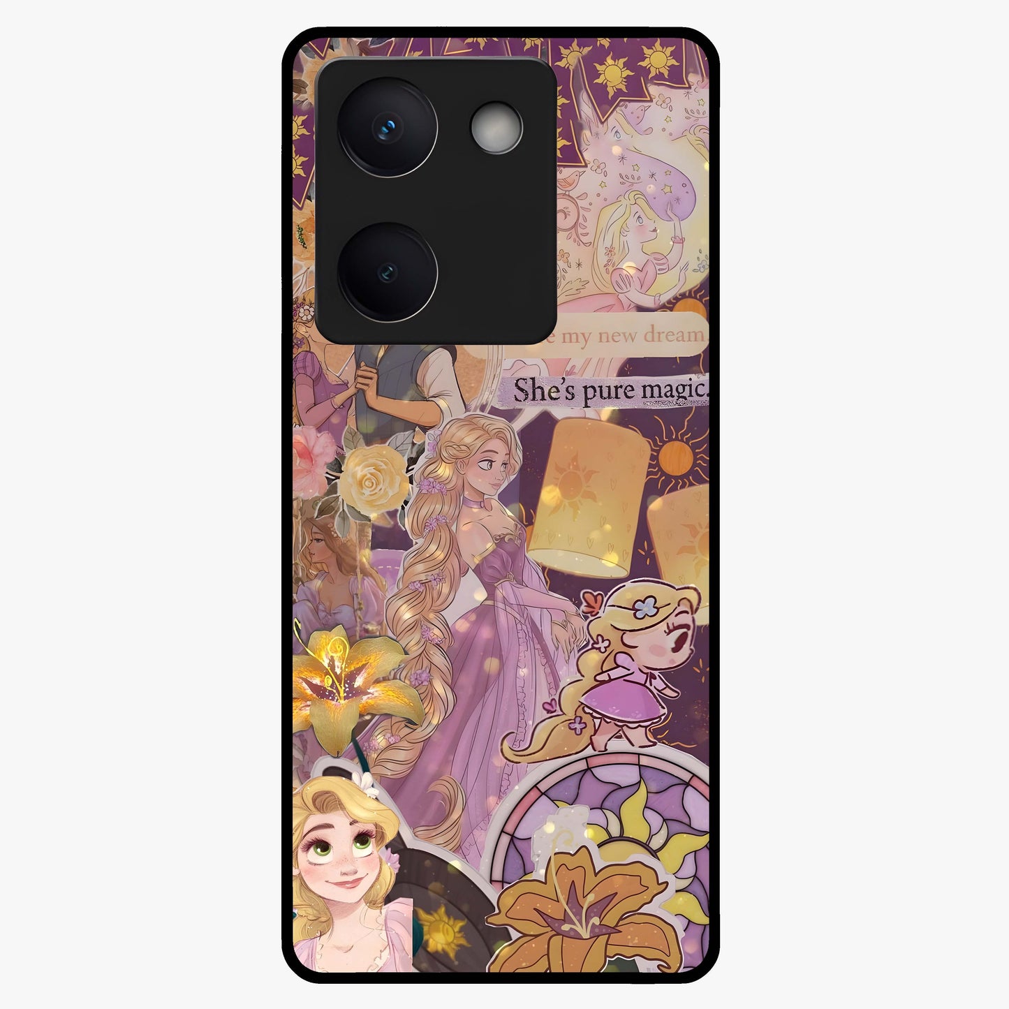 Magical Tangled Dream Glass Case showing flat back view with dreamy tangled artwork and glossy glass finish.