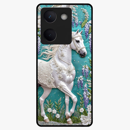 Majestic Floral Stallion Glass Case showing flat back view with powerful horse and floral artwork and glossy glass finish.