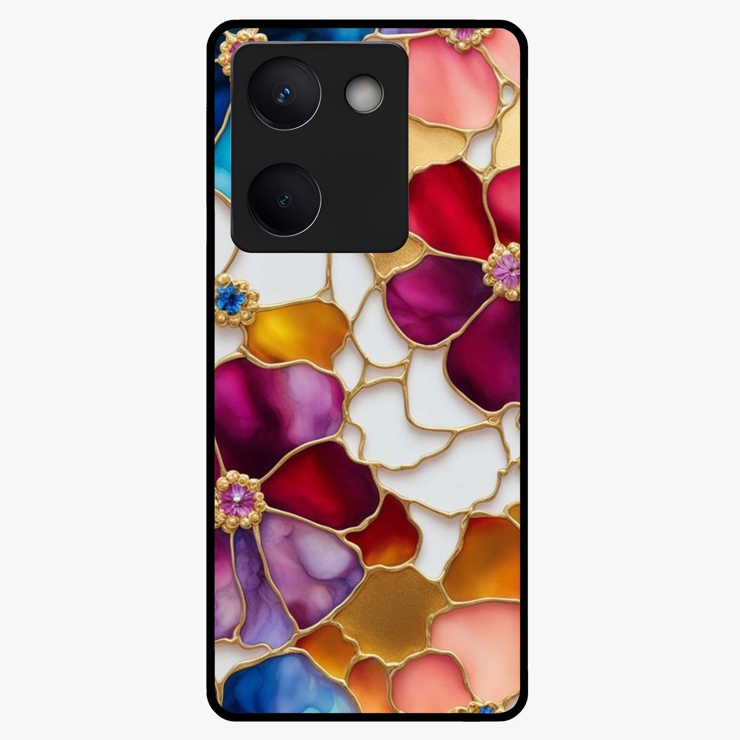 Marble Flower Pattern Glass Case showing flat back view with marble texture floral artwork and glossy glass finish.