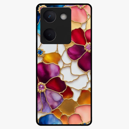 Marble Flower Pattern Glass Case showing flat back view with marble texture floral artwork and glossy glass finish.