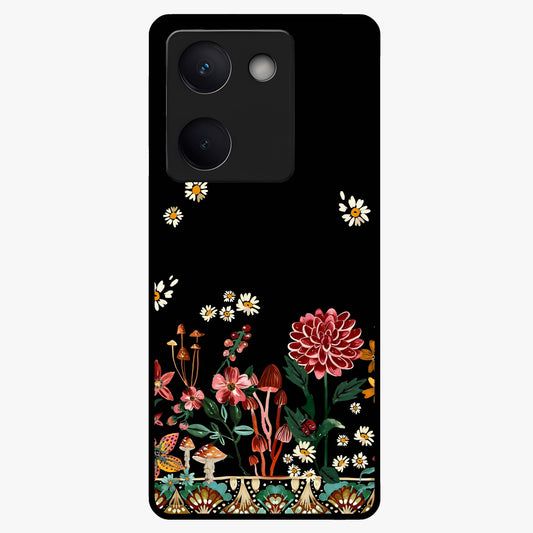 Midnight Bloom Pattern Glass Case showing flat back view with dark floral pattern artwork and glossy glass finish.