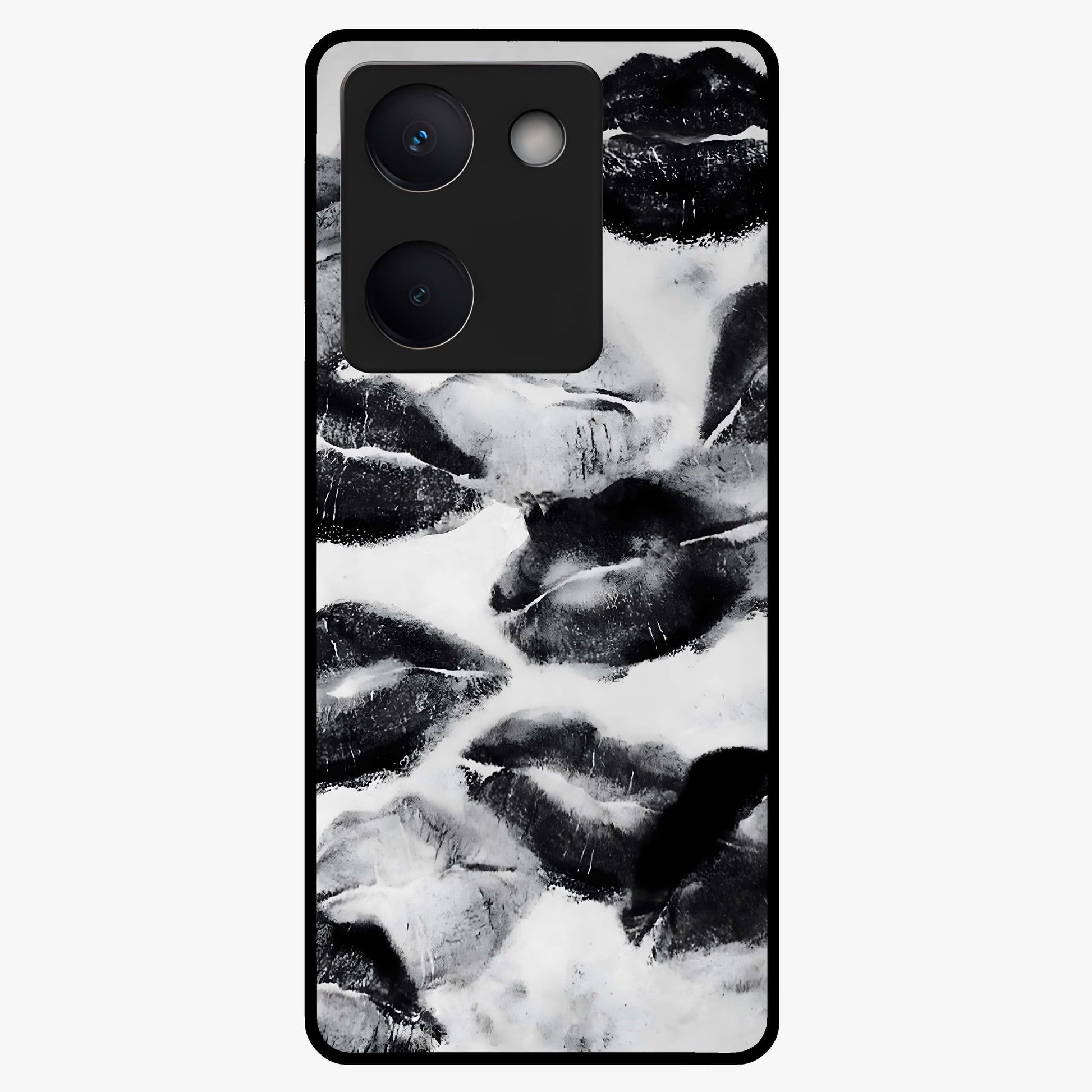 Midnight Kiss Marks Glass Case showing flat back view with lipstick kiss mark artwork and glossy glass finish.