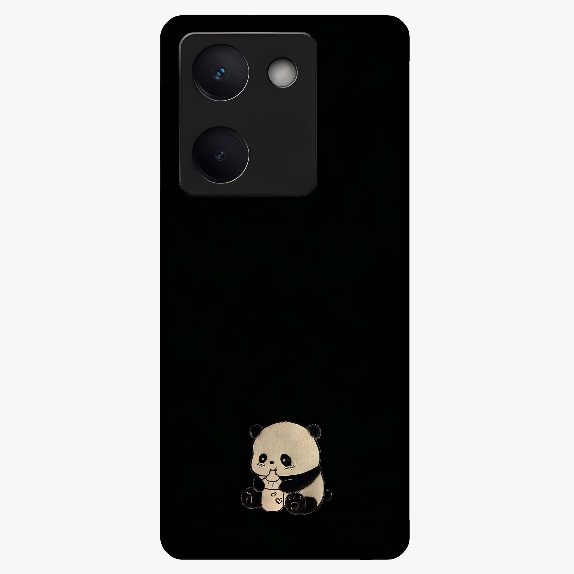 Midnight Panda Love Glass Case showing flat back view with cute panda themed artwork and glossy glass finish.