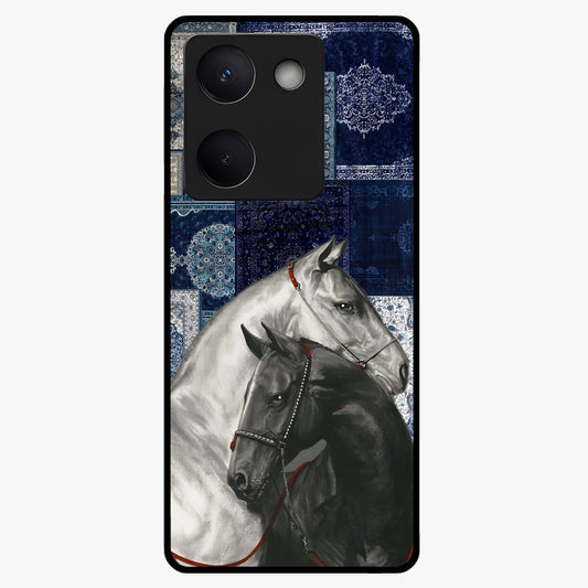 Midnight Stallion Blues Glass Case showing flat back view with majestic horse artwork and glossy glass finish.