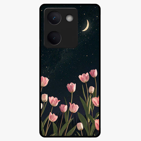 Midnight Tulip Whispers Vibe Glass Case showing flat back view with elegant tulip flower artwork and glossy glass finish.