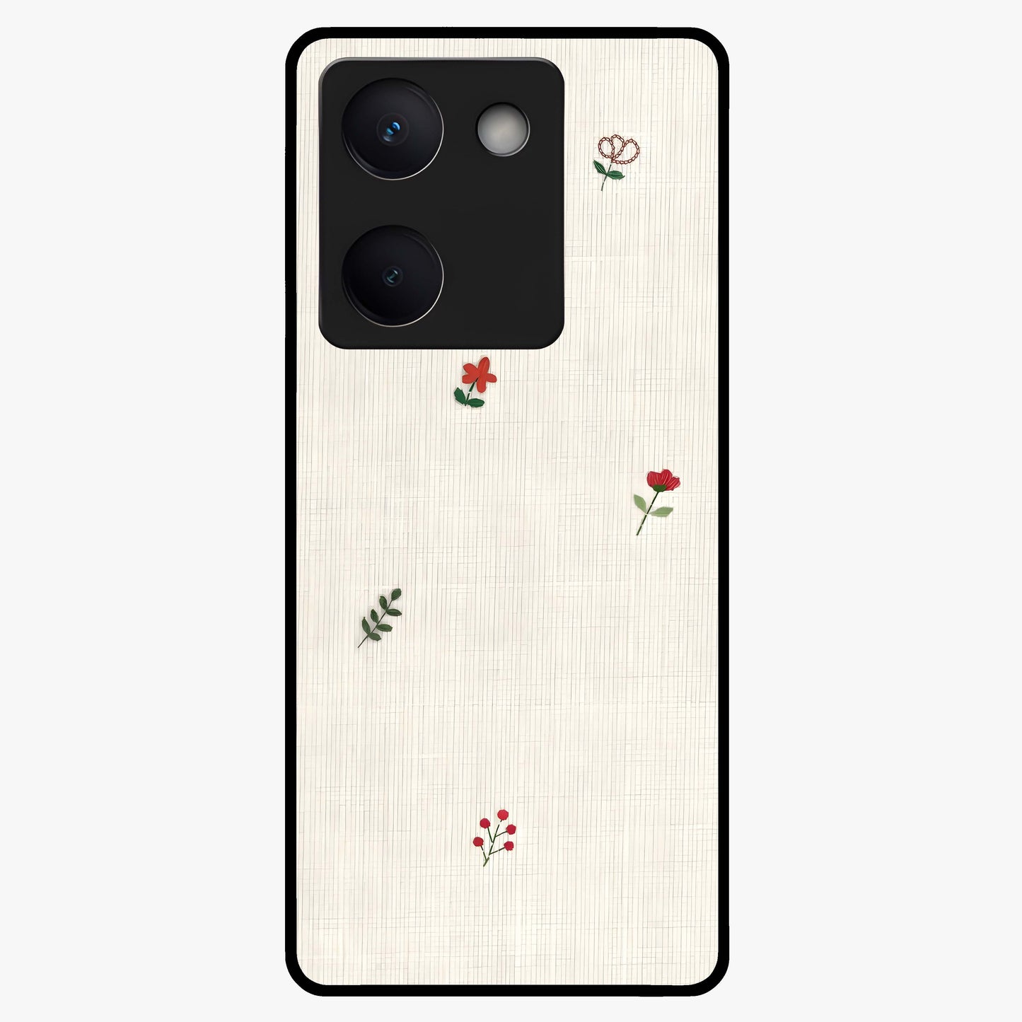 Minimal Petal Whispers Glass Case showing flat back view with soft minimal floral artwork and glossy glass finish.